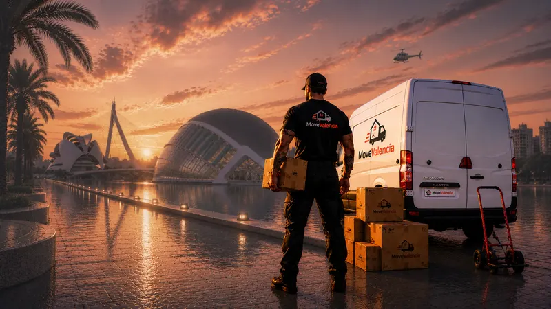 Ilustración de un transportista y una furgoneta junto a la Ciudad de las Artes y las Ciencias de Valencia